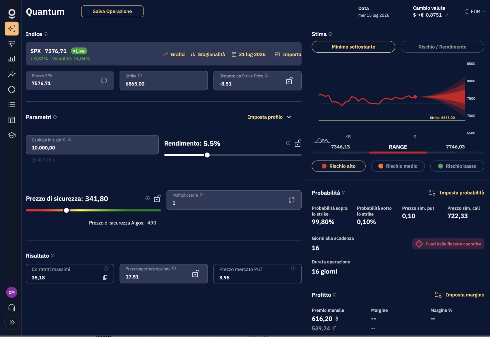 ClickOptions &middot; Quantum: dimensionamento dell'operazione, probabilit&agrave; e margine